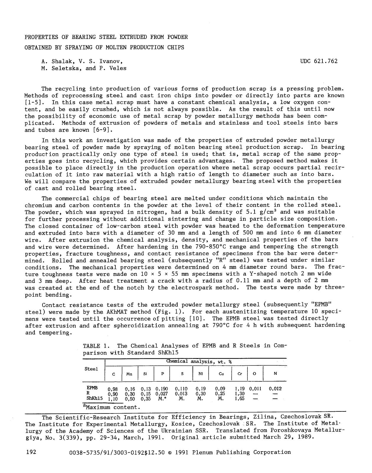 Properties of bearing steel extruded from powder obtained by spraying of molten production chips by Unknown