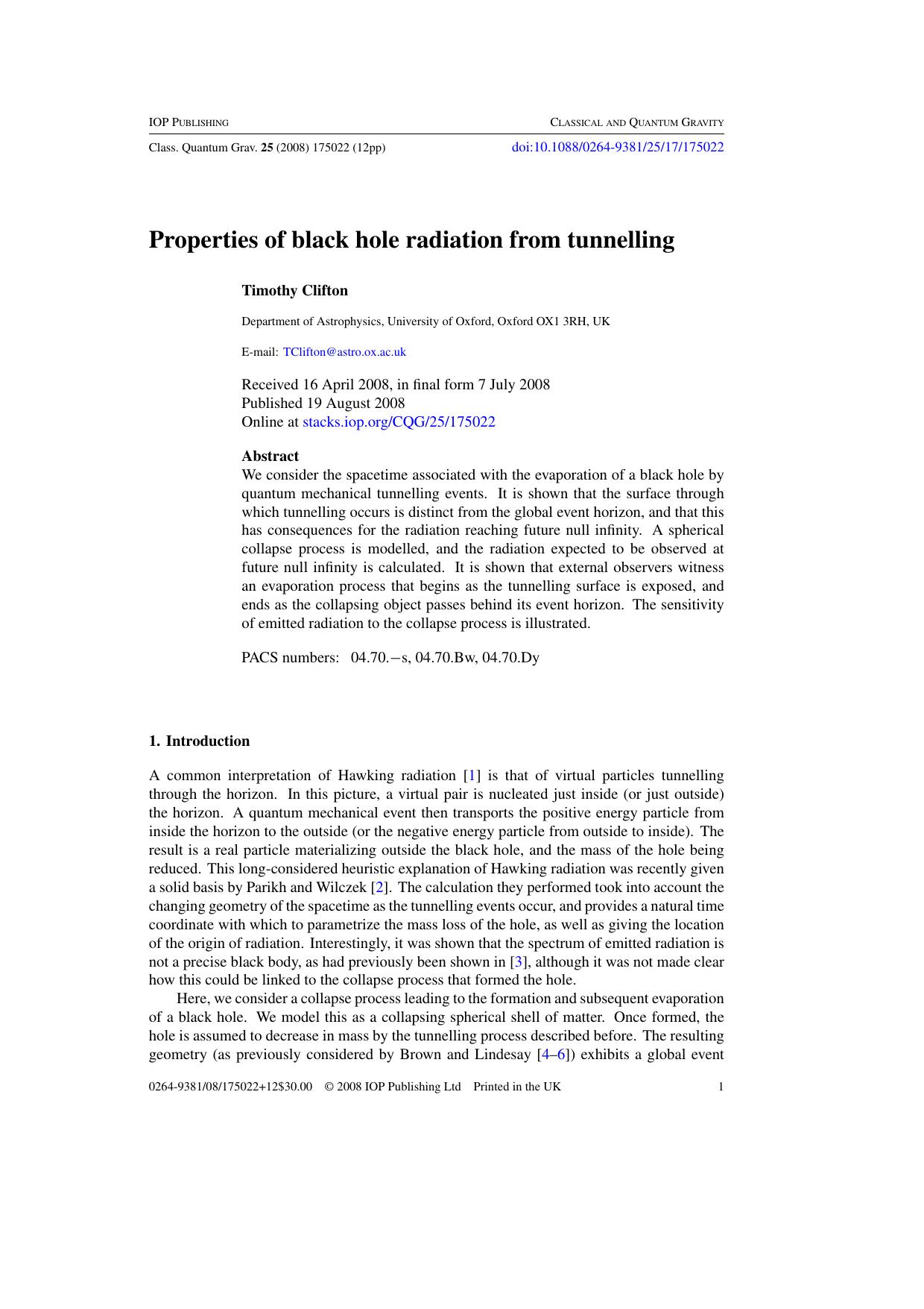 Properties of black hole radiation from tunnelling by T Clifton