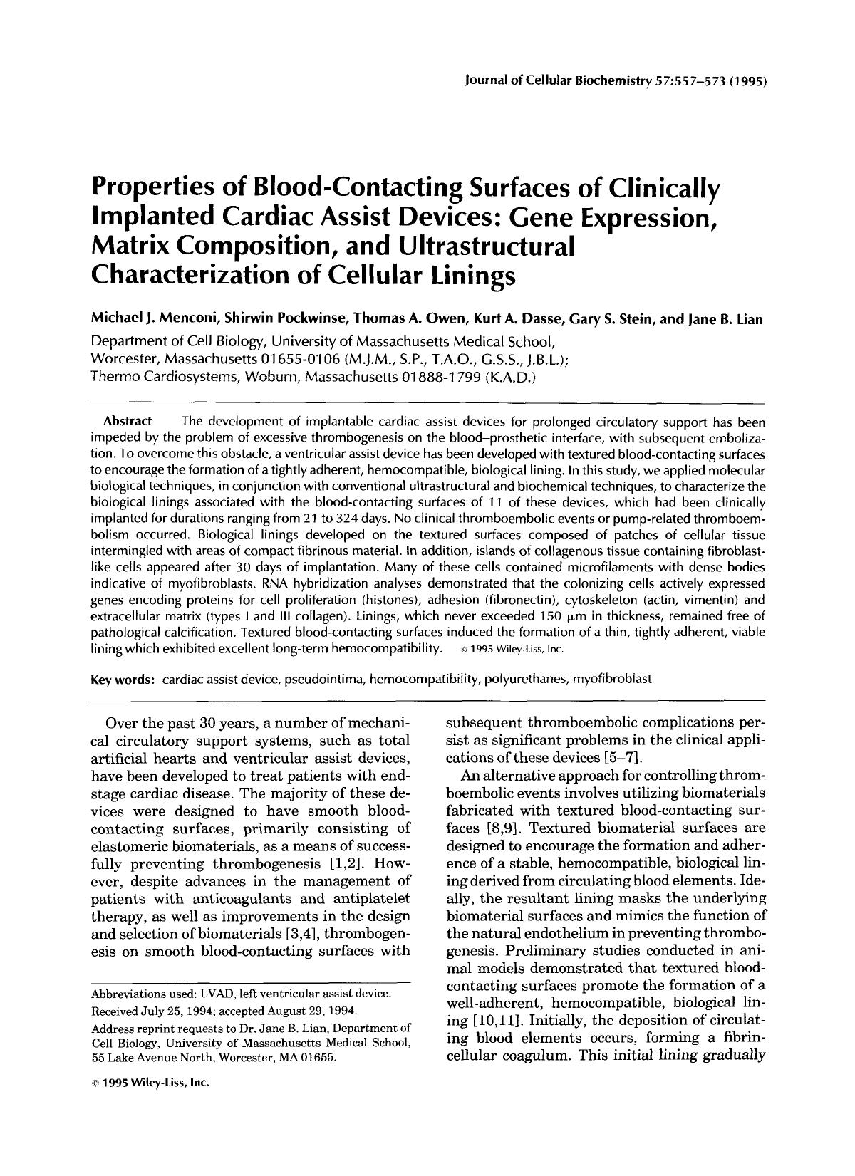 Properties of blood-contacting surfaces of clinically implanted cardiac assist devices: Gene expression, matrix composition, and ultrastructural characterization of cellular linings by Unknown