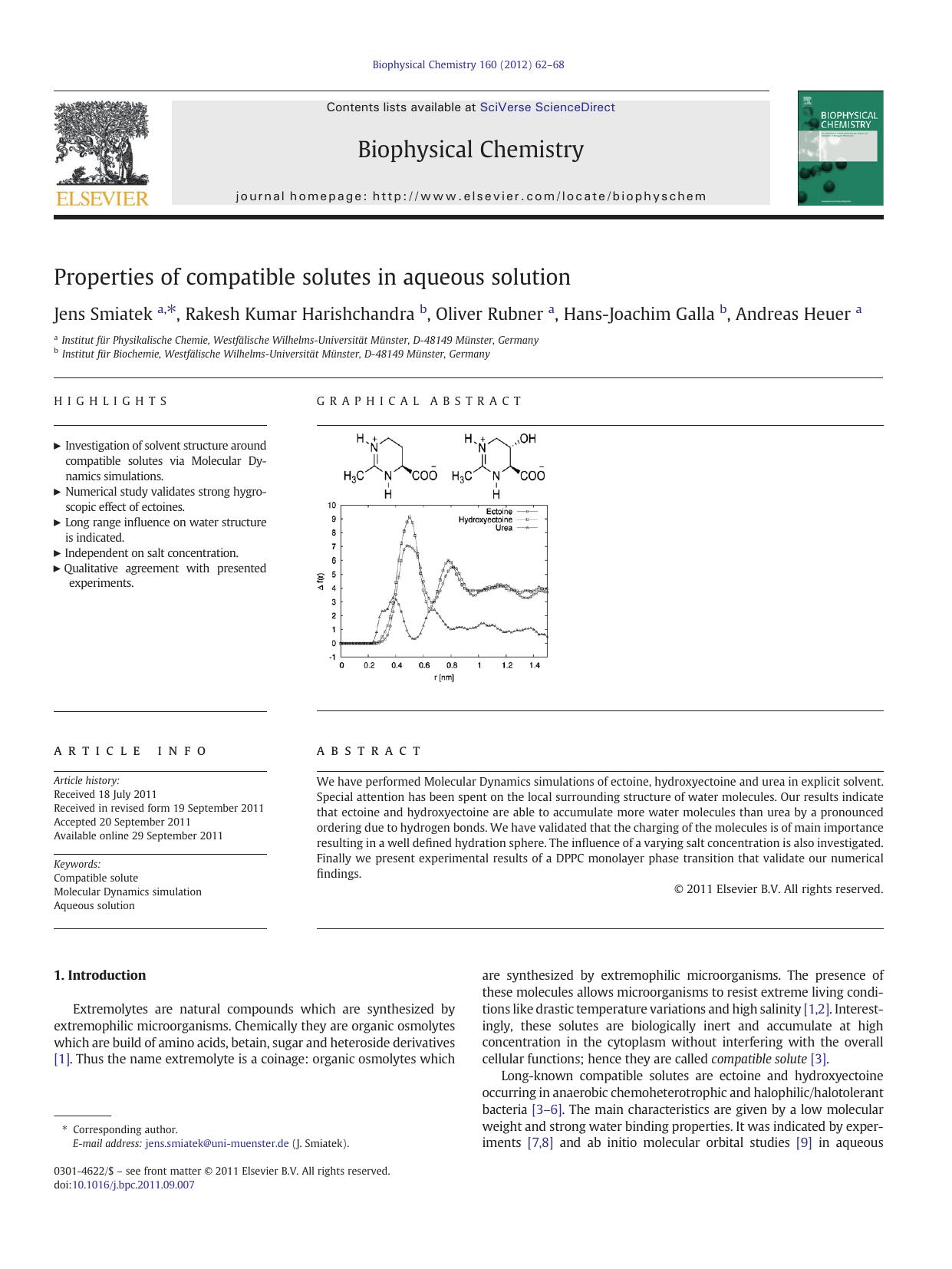Properties of compatible solutes in aqueous solution by Jens Smiatek & Rakesh Kumar Harishchandra & Oliver Rubner & Hans-Joachim Galla & Andreas Heuer