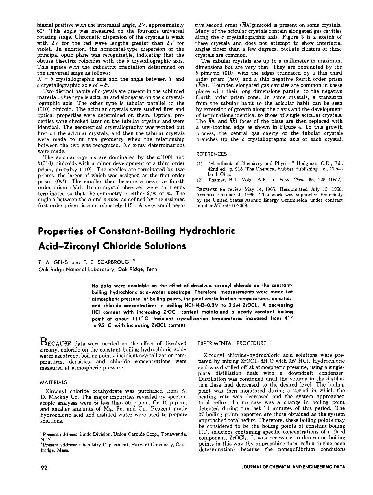 Properties of constant-boiling hydrochloric acid-zirconyl chloride solutions by Theodore A. Gens F. E. Scarbrough