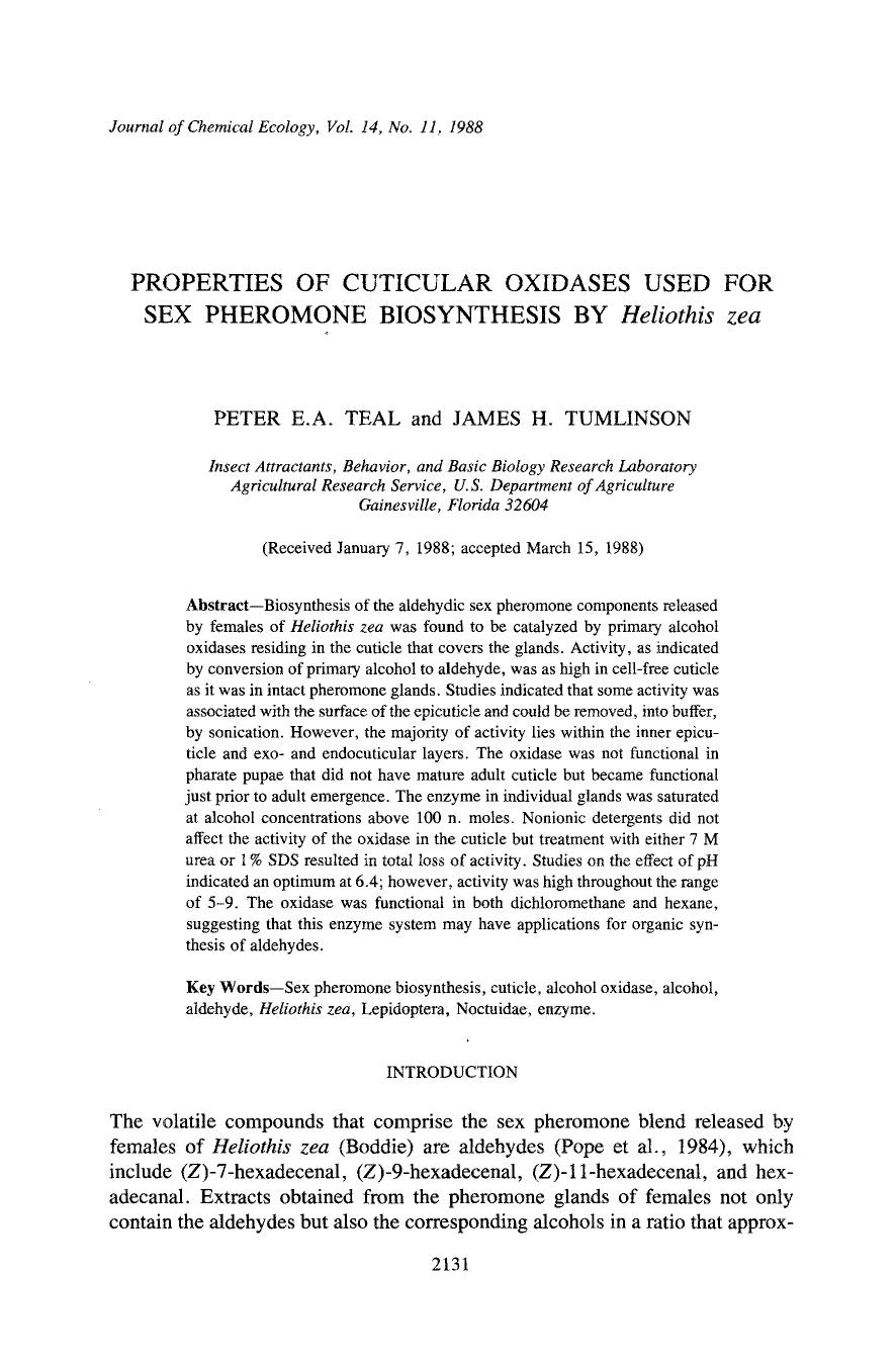Properties of cuticular oxidases used for sex pheromone biosynthesis by <Emphasis Type="Italic">Heliothis zea <Emphasis> by Unknown