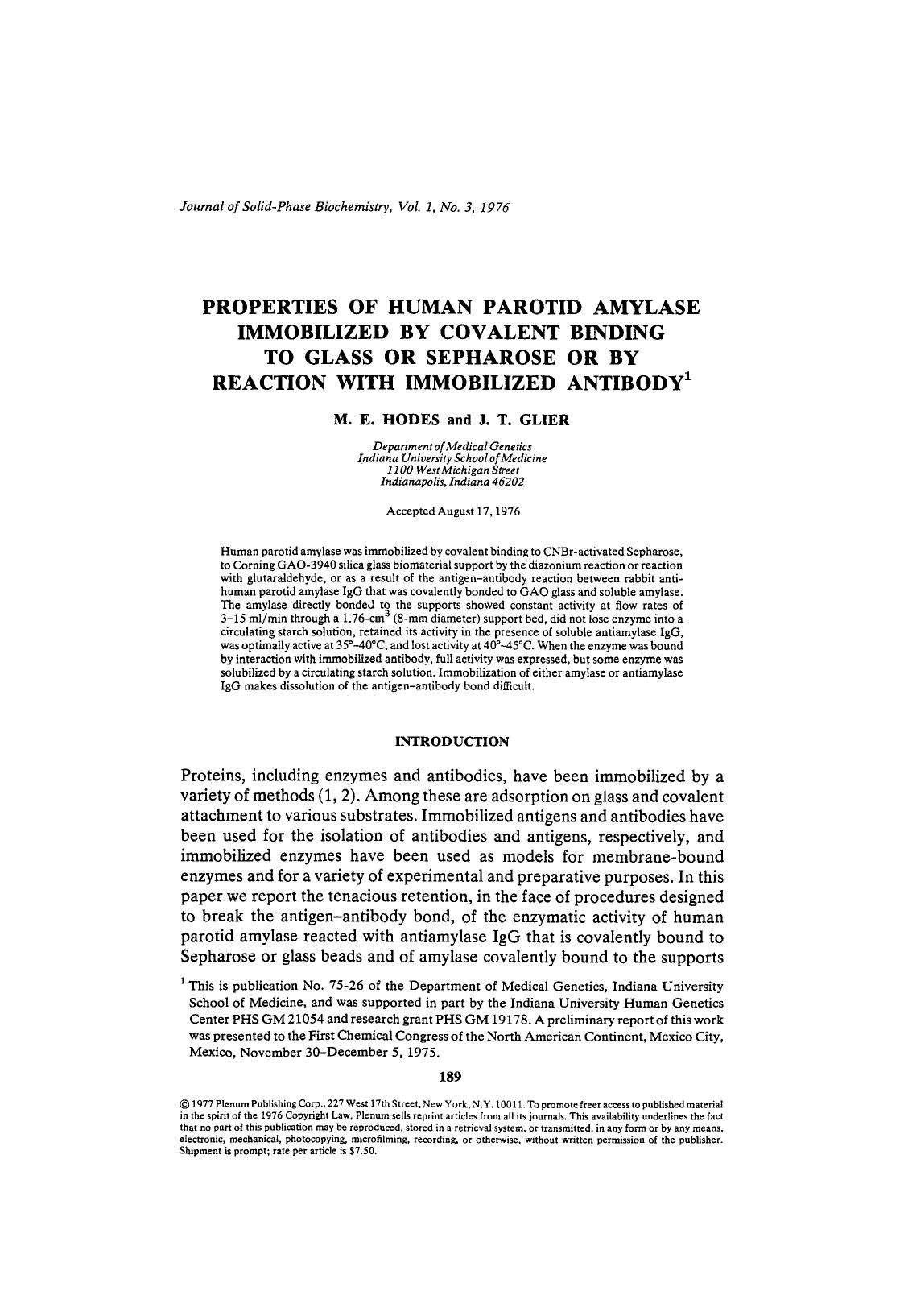 Properties of human parotid amylase immobilized by covalent binding to glass or sepharose or by reaction with immobilized antibody by Unknown