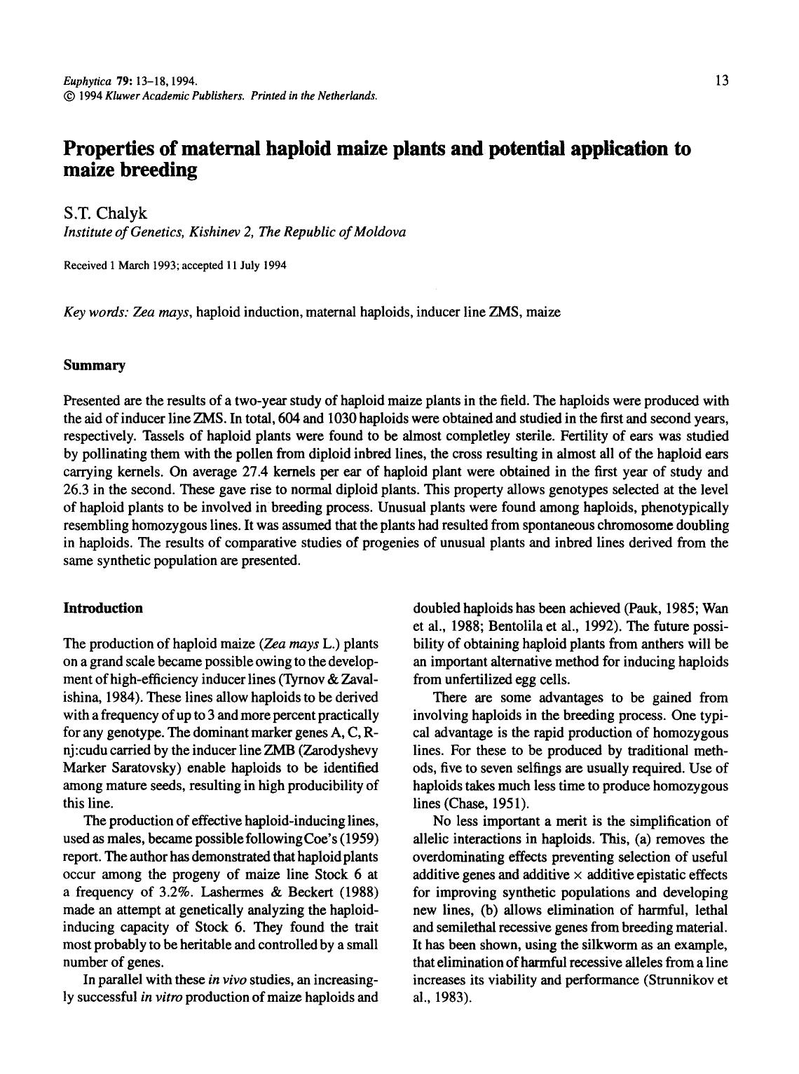 Properties of maternal haploid maize plants and potential application to maize breeding by Unknown