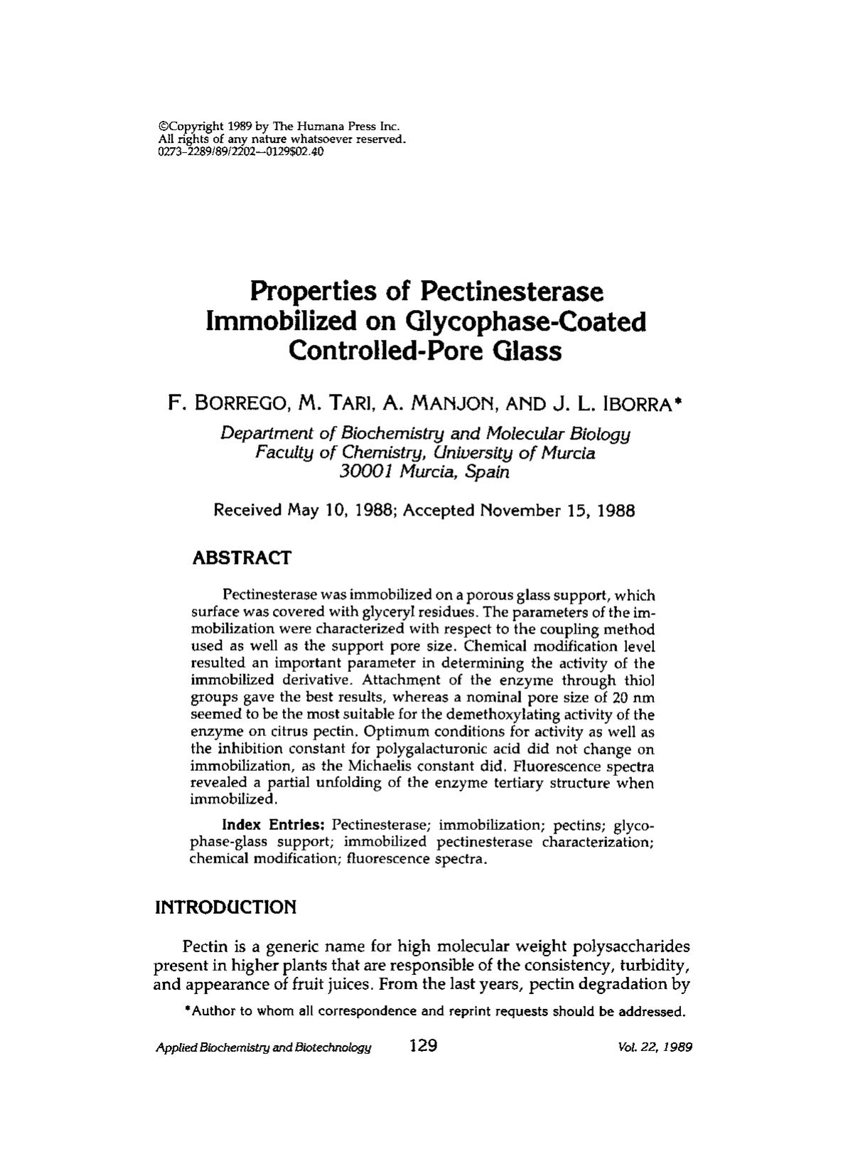 Properties of pectinesterase immobilized on glycophase-coated controlled-pore glass by Unknown