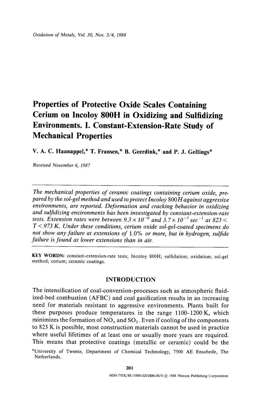 Properties of protective oxide scales containing cerium on Incoloy 800H in oxidizing and sulfidizing environments. I. Constant-extension-rate study of mechanical properties by Unknown