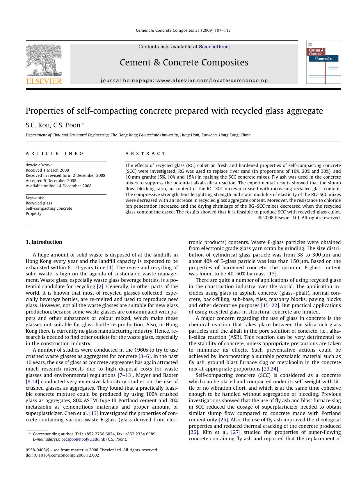 Properties of self-compacting concrete prepared with recycled glass aggregate by S.C. Kou; C.S. Poon
