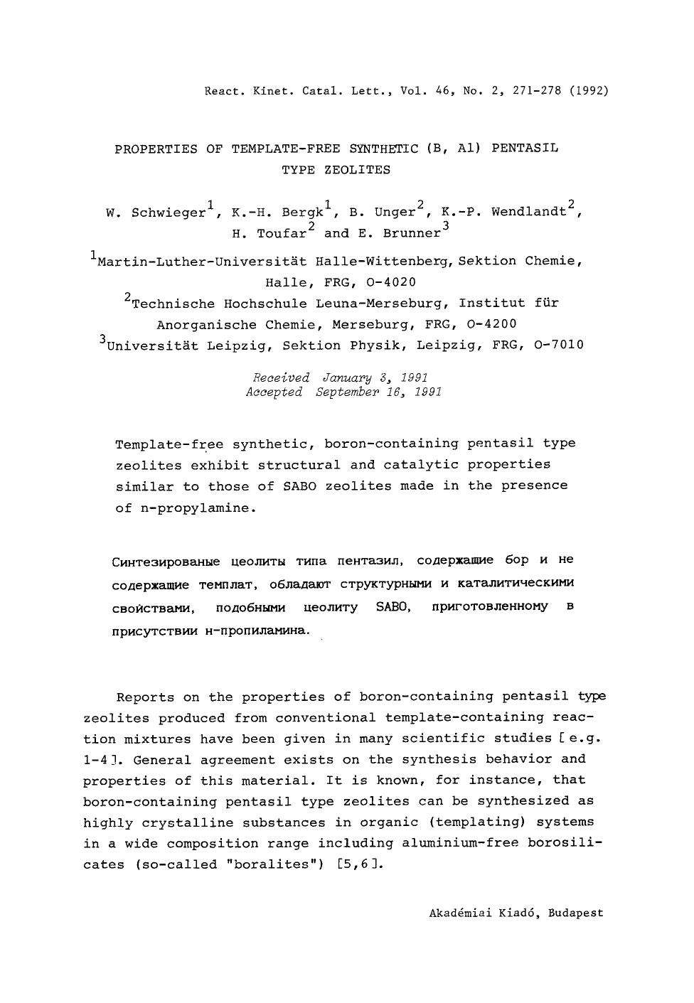 Properties of template-free synthetic (B, Al) pentasil type zeolites by Unknown