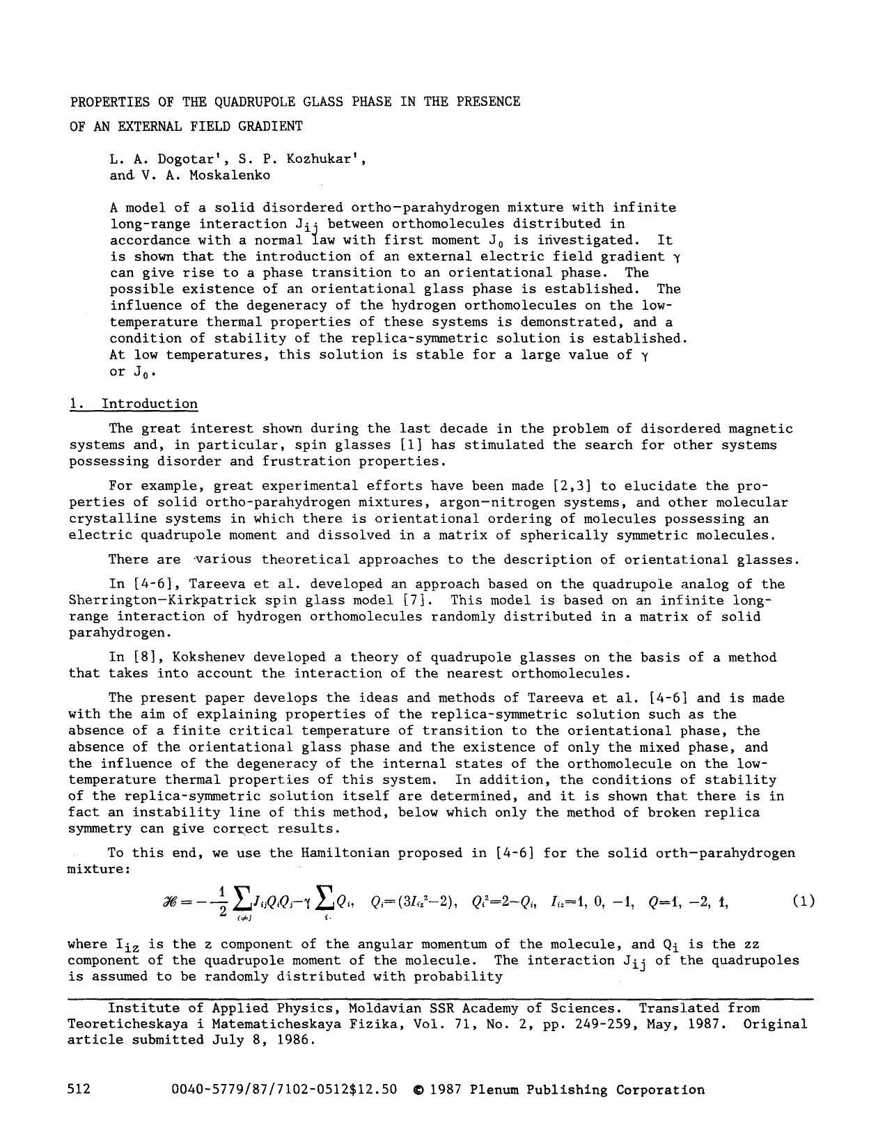 Properties of the quadrupole glass phase in the presence of an external field gradient by Unknown
