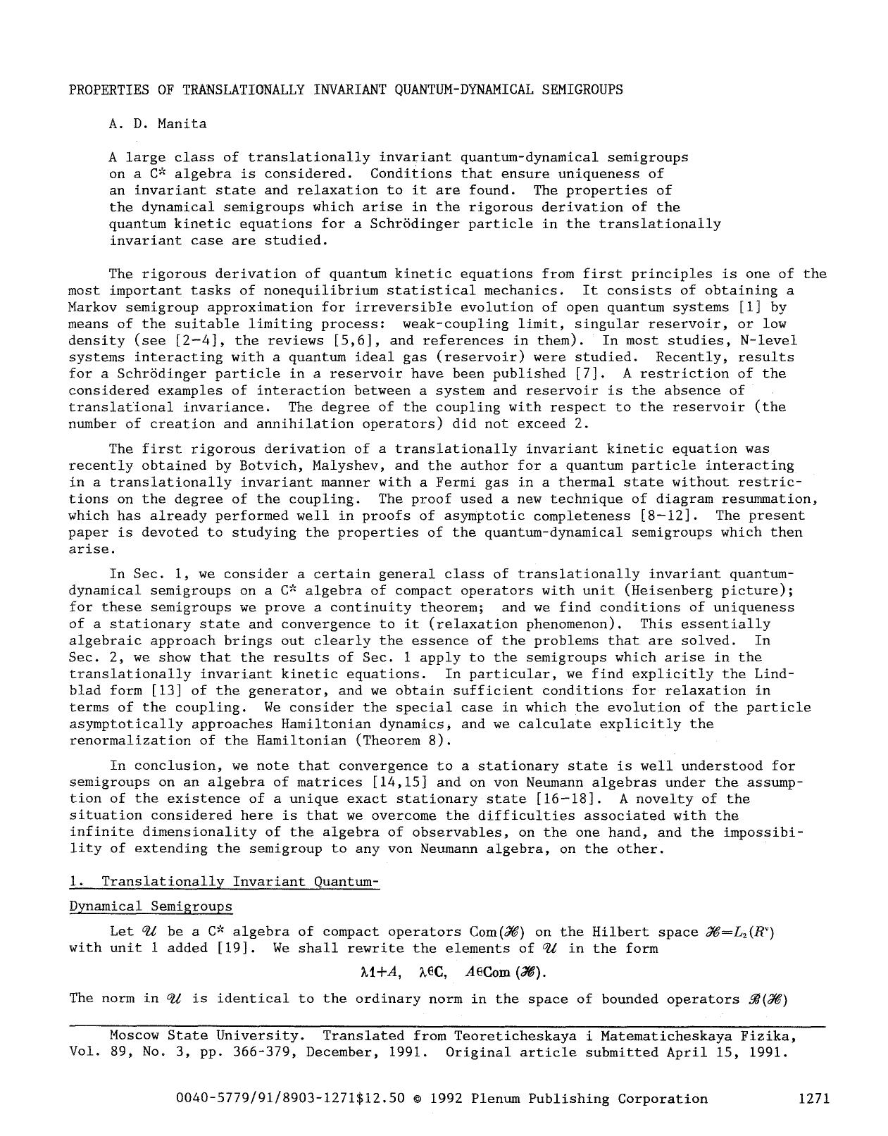 Properties of translationally invariant quantum-dynamical semigroups by Unknown