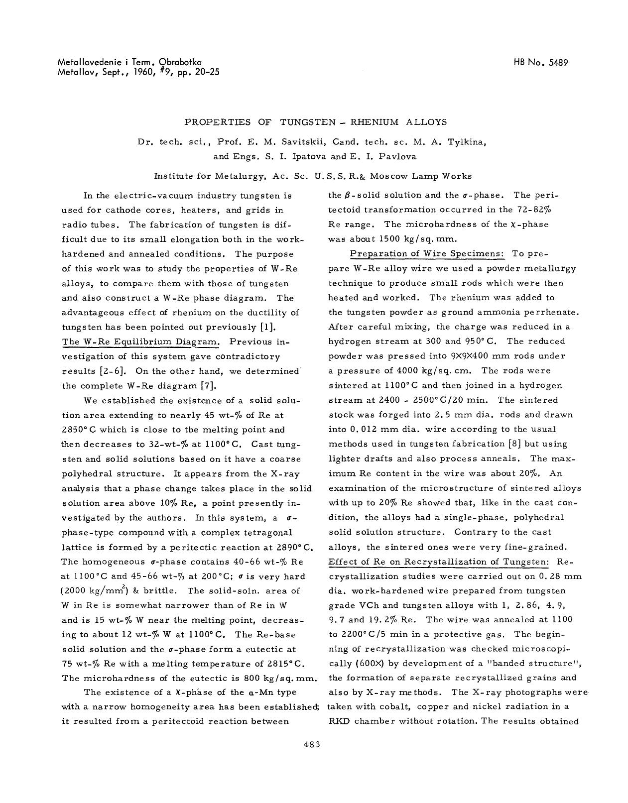 Properties of tungsten-rhenium alloys by Unknown