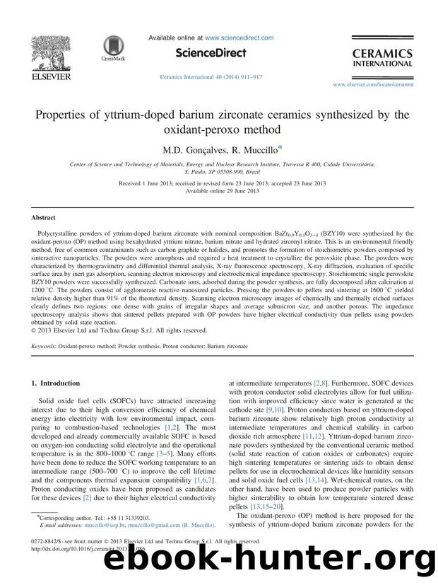 Properties of yttrium-doped barium zirconate ceramics synthesized by the oxidant-peroxo method by M.D. Gonçalves & R. Muccillo
