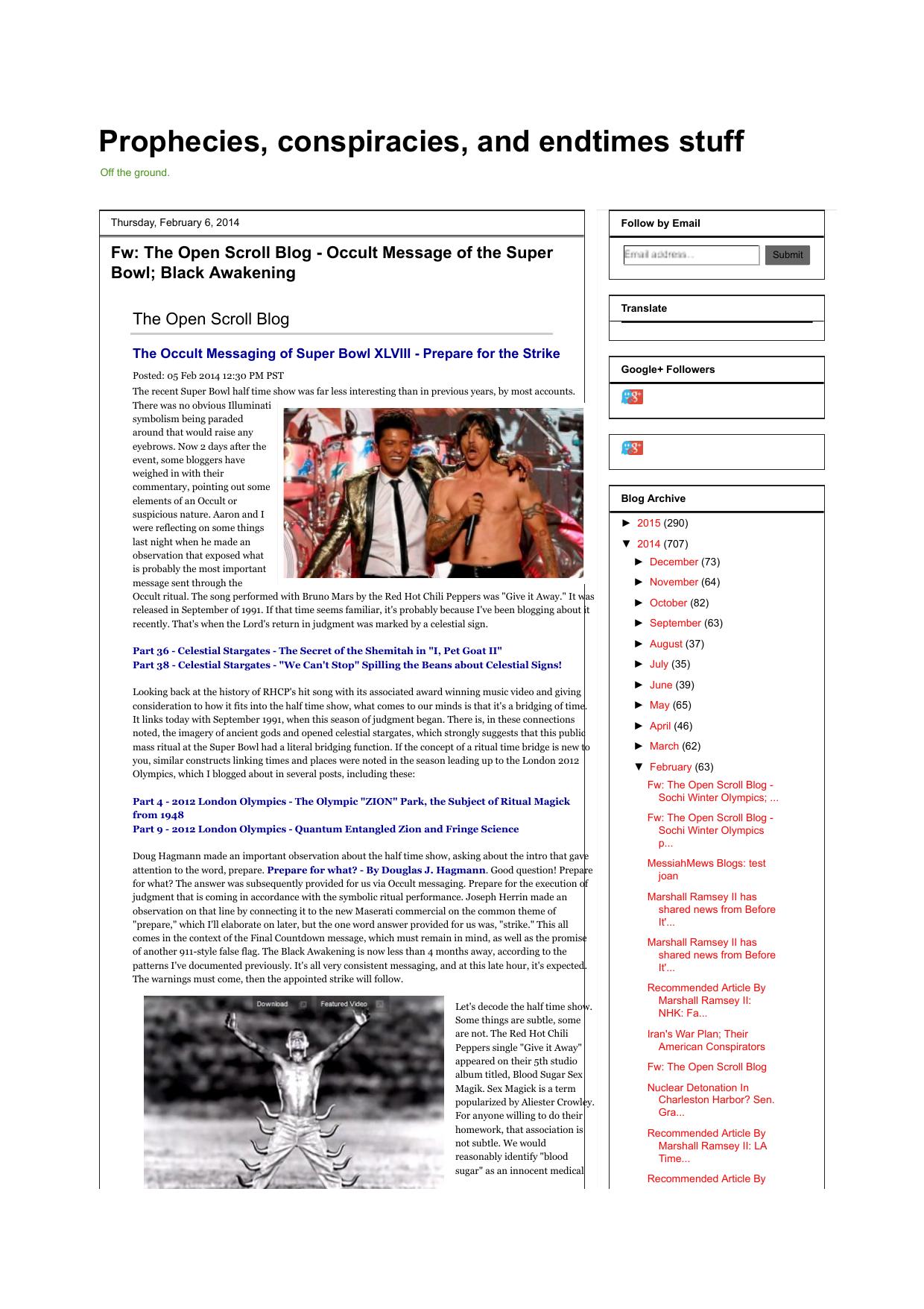 Prophecies, conspiracies, and endtimes stuff: Fw: The Open Scroll Blog - Occult Message of the Super Bowl; Black Awakening by umbriel