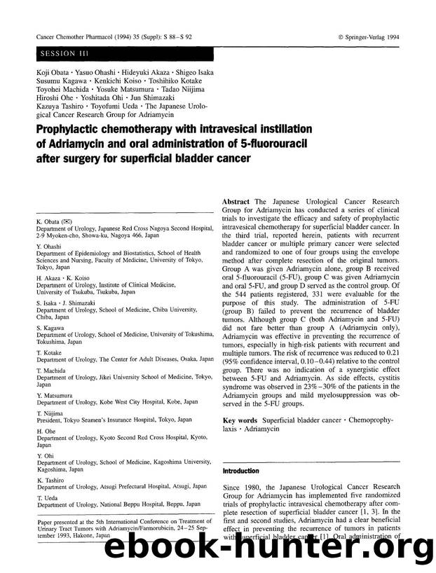 Prophylactic chemotherapy with intravesical instillation of Adriamycin and oral administration of 5-fluorouracil after surgery for superficial bladder cancer by Unknown