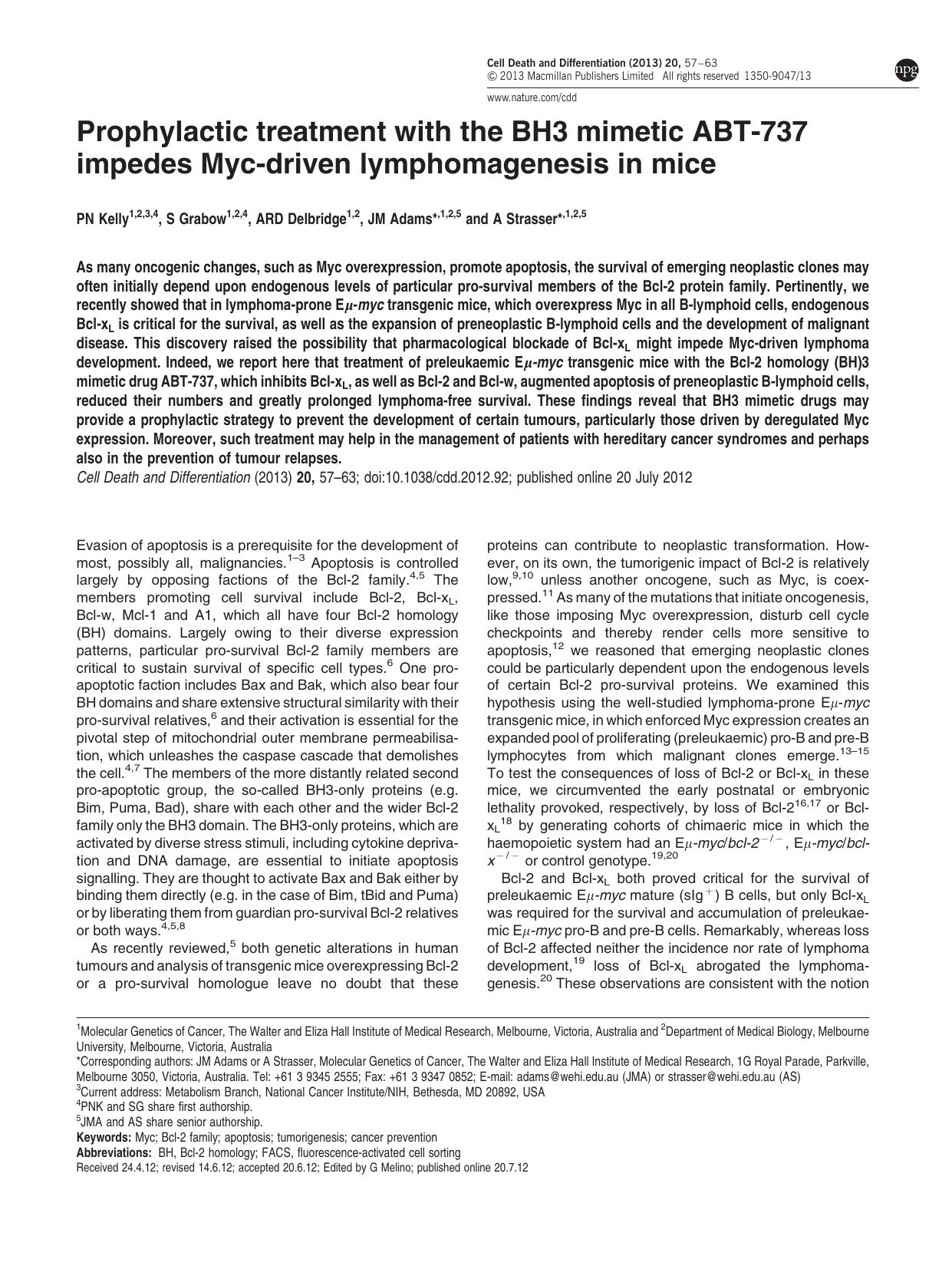 Prophylactic treatment with the BH3 mimetic ABT-737 impedes Myc-driven lymphomagenesis in mice by P N Kelly & S Grabow & A R D Delbridge & J M Adams & A Strasser