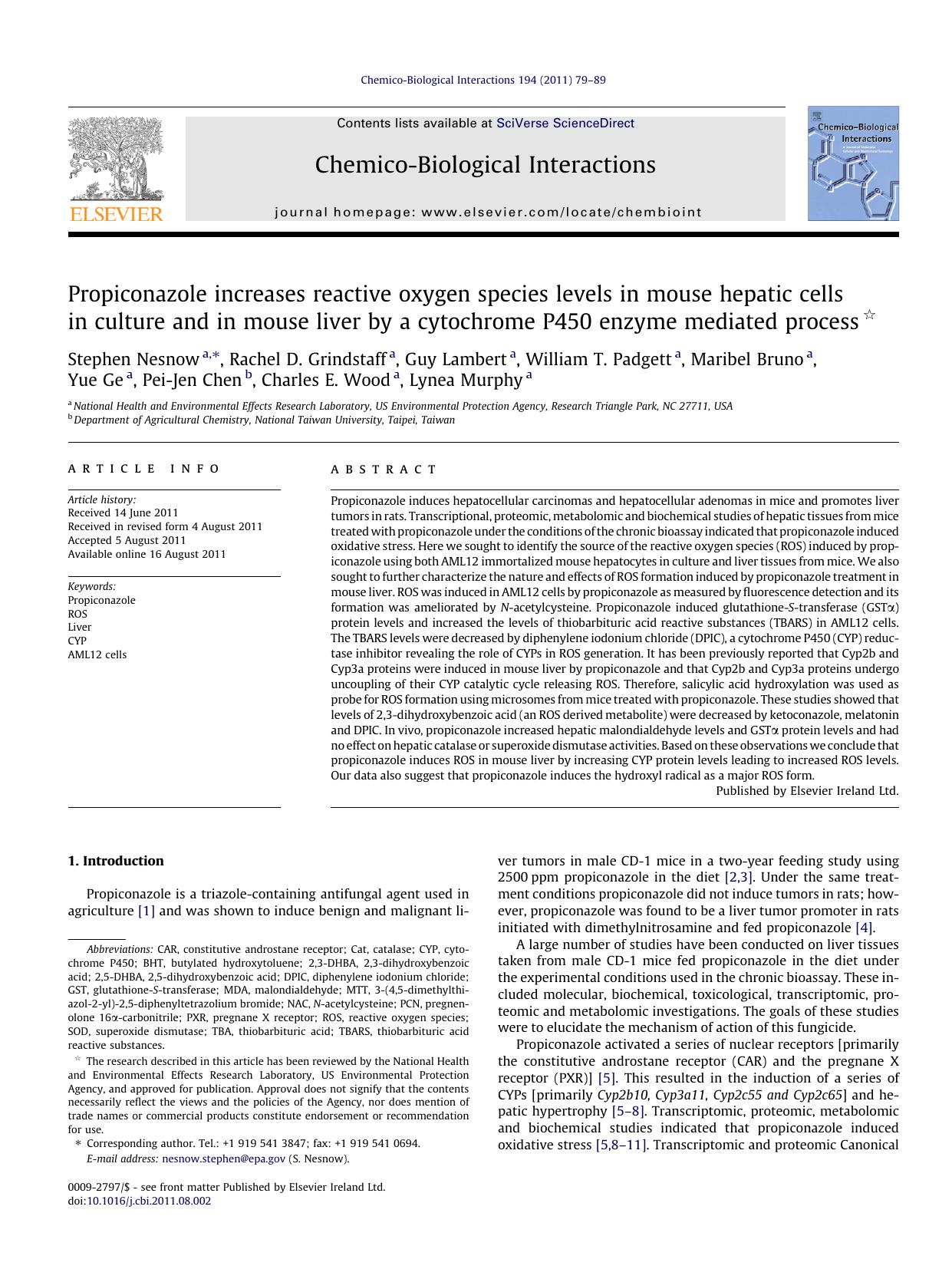 Propiconazole increases reactive oxygen species levels in mouse hepatic cells in culture and in mouse liver by a cytochrome P450 enzyme mediated process by unknow