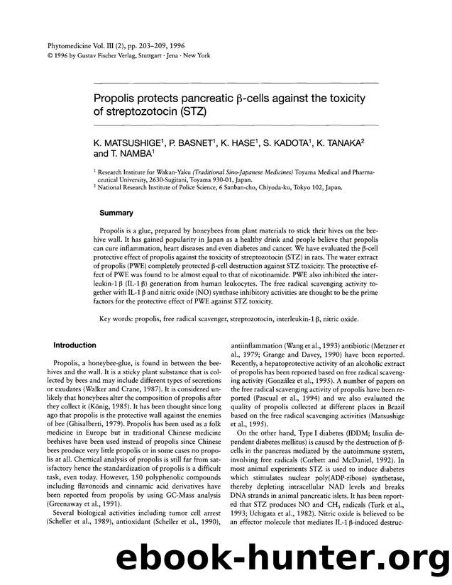 Propolis protects pancreatic Î²-cells against the toxicity of streptozotocin (STZ) by K. Matsushige & P. Basnet & K. Hase & S. Kadota & K. Tanaka & T. Namba