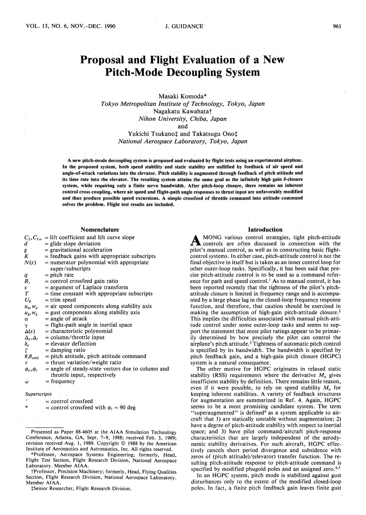 Proposal and flight evaluation of a new pitch-mode decoupling system by Unknown