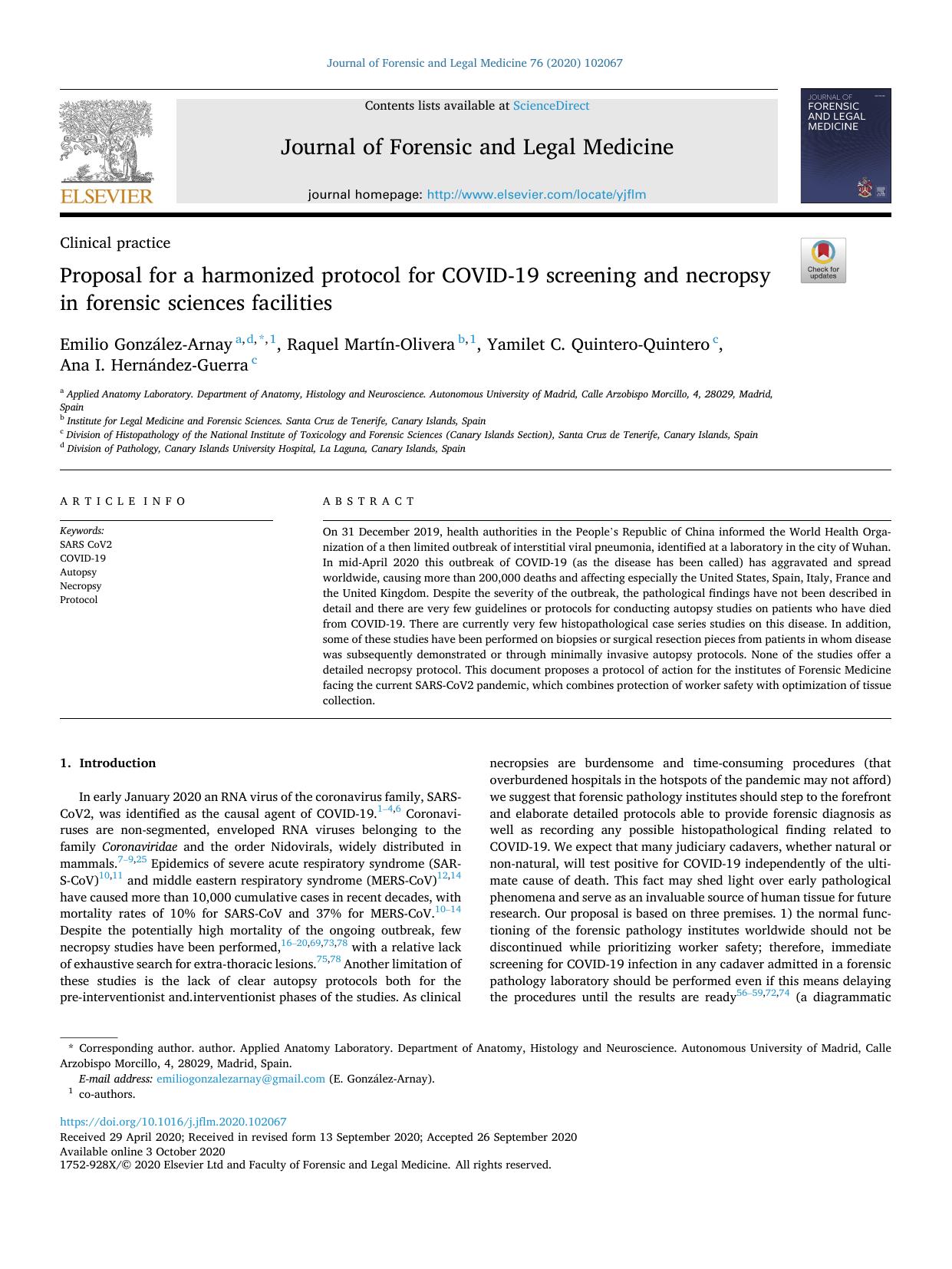 Proposal for a harmonized protocol for COVID-19 screening and necropsy in forensic sciences facilities by Emilio González-Arnay