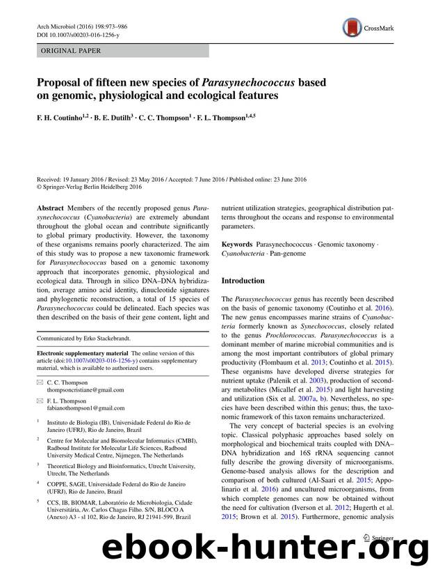 Proposal of fifteen new species of Parasynechococcus based on genomic, physiological and ecological features by F. H. Coutinho & B. E. Dutilh & C. C. Thompson & F. L. Thompson