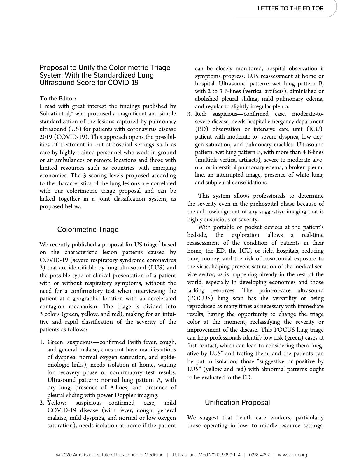Proposal to Unify the Colorimetric Triage System With the Standardized Lung Ultrasound Score for COVIDâ19 by Unknown