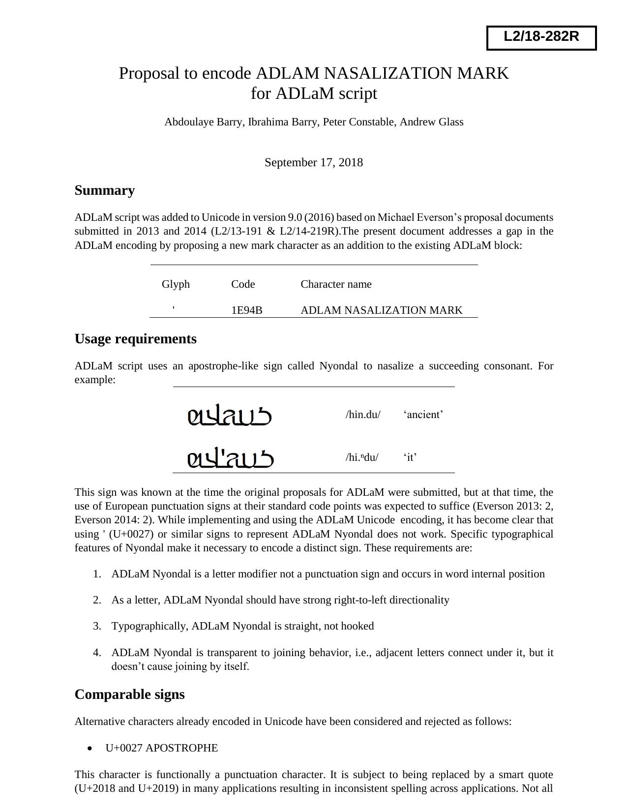 Proposal to encode ADLAM NASALIZATION MARK for ADLaM script by Abdoulaye Barry Ibrahima Barry Peter Constable Andrew Glass