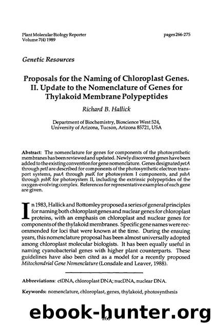 Proposals for the naming of chloroplast genes. II. Update to the nomenclature of genes for thylakoid membrane polypeptides by Unknown