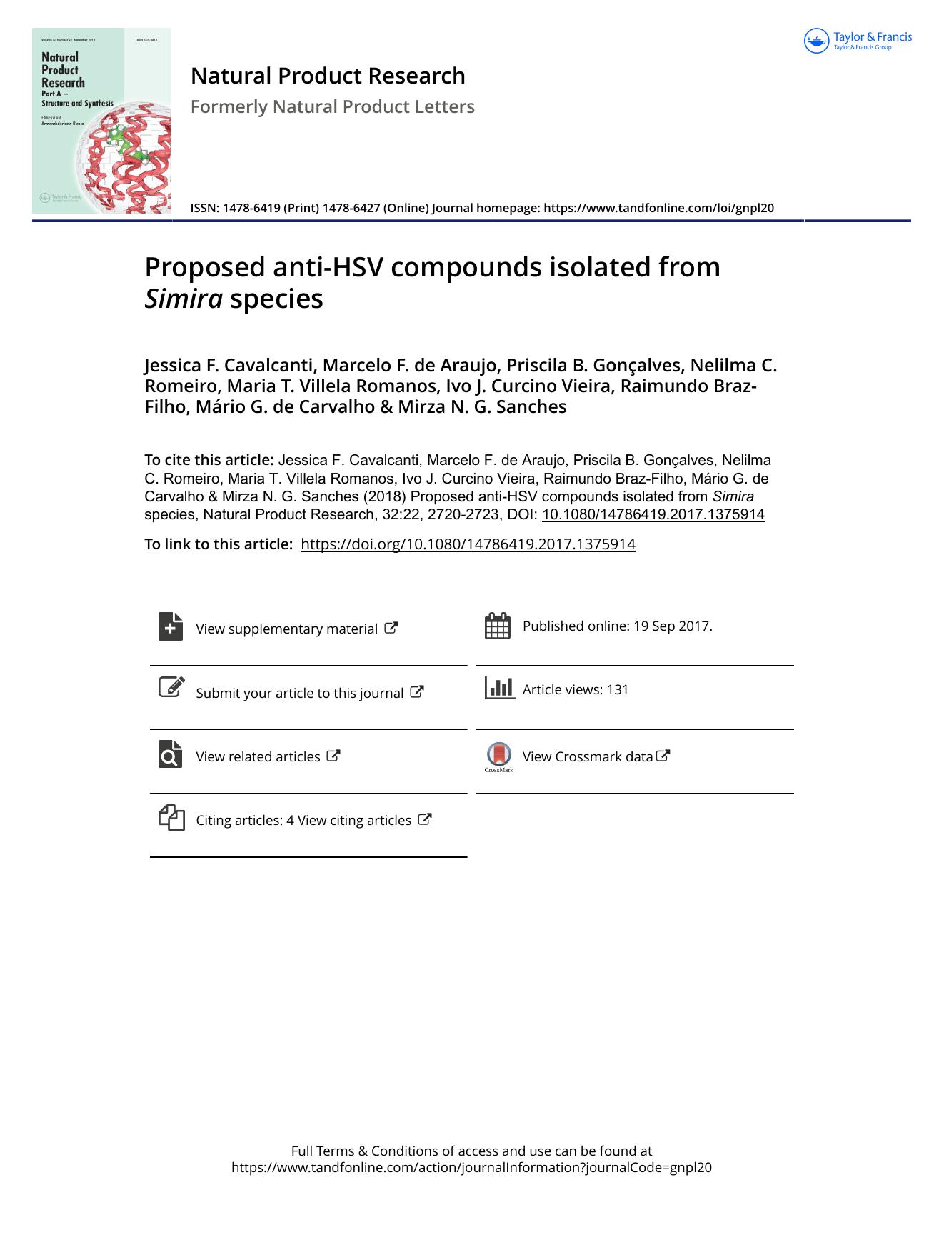 Proposed anti-HSV compounds isolated from Simira species by unknow