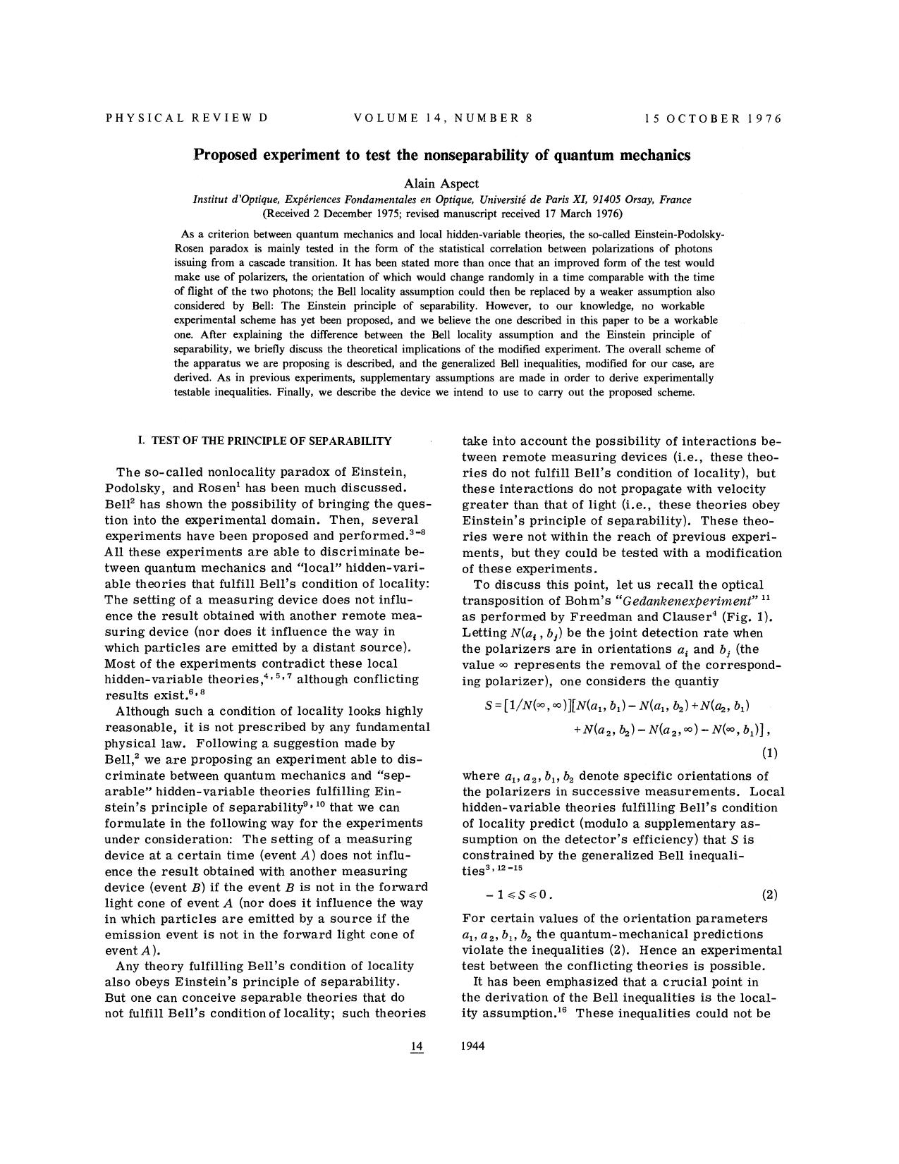 Proposed experiment to test the nonseparability of quantum mechanics (1976) by Unknown