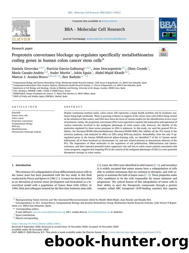 Proprotein convertases blockage up-regulates specifically metallothioneins coding genes in human colon cancer stem cells by unknow