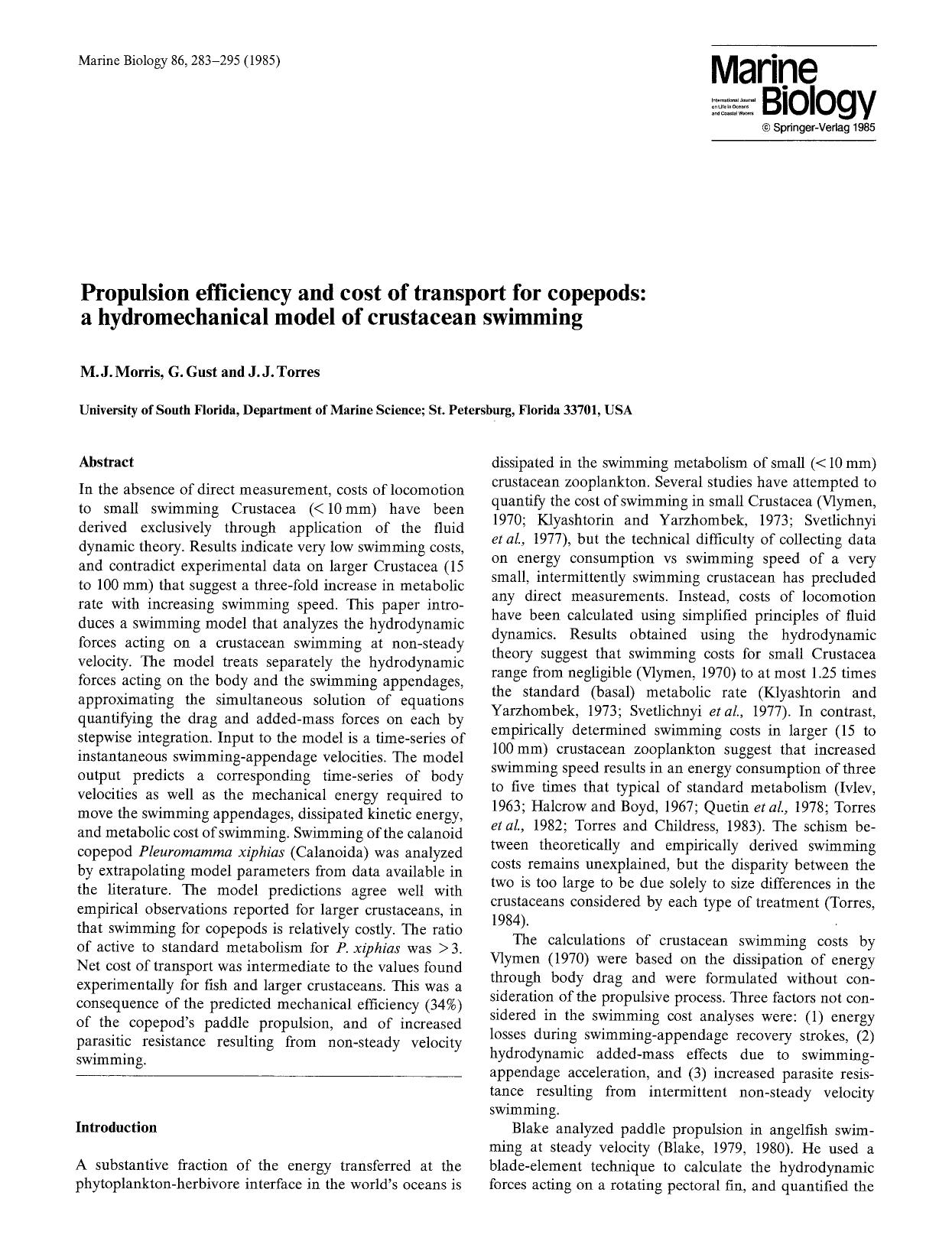 Propulsion efficiency and cost of transport for copepods: a hydromechanical model of crustacean swimming by Unknown