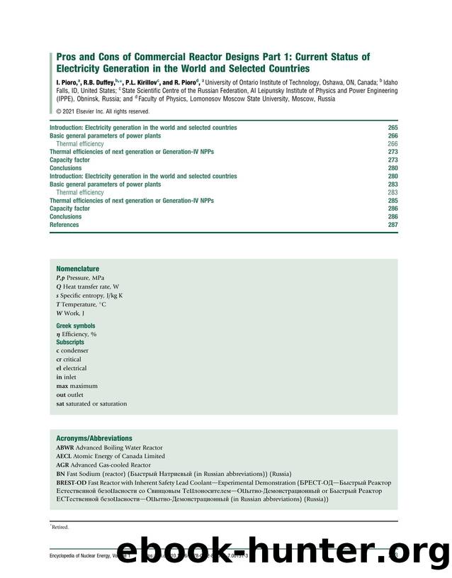 Pros and Cons of Commercial Reactor Designs Part 1: Current Status of Electricity Generation in the World and Selected Countries by I. Pioro & R.B. Duffey & P.L. Kirillov & R. Pioro