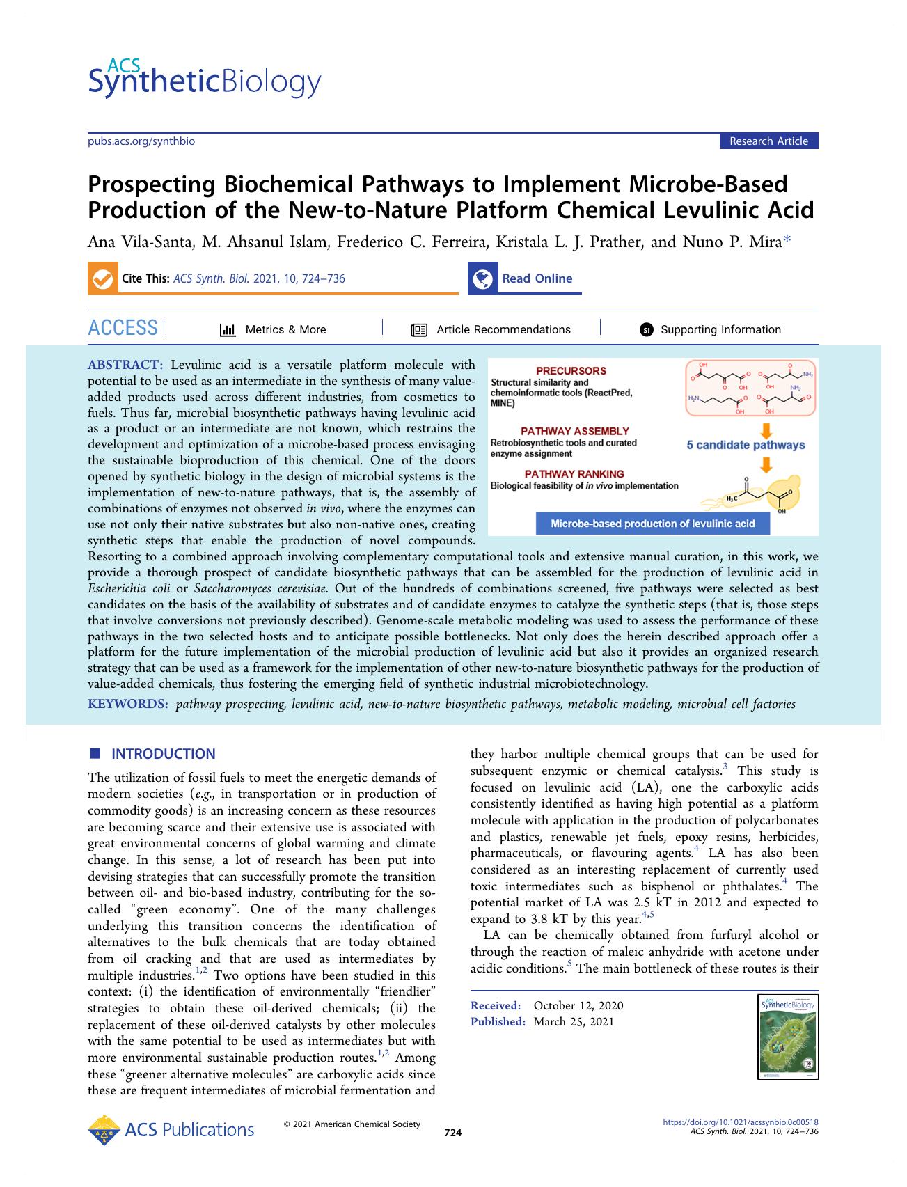 Prospecting Biochemical Pathways to Implement Microbe-Based Production of the New-to-Nature Platform Chemical Levulinic Acid by Ana Vila-Santa M. Ahsanul Islam Frederico C. Ferreira Kristala L. J. Prather and Nuno P. Mira
