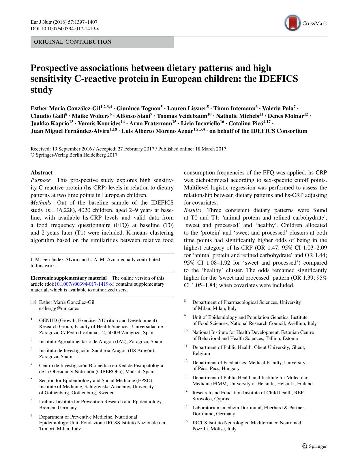 Prospective associations between dietary patterns and high sensitivity C-reactive protein in European children: the IDEFICS study by Esther María González-Gil