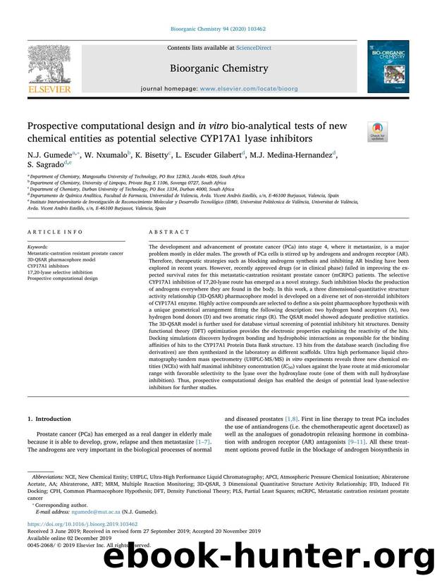 Prospective computational design and in vitro bio-analytical tests of new chemical entities as potential selective CYP17A1 lyase inhibitors by N.J. Gumede & W. Nxumalo & K. Bisetty & L. Escuder Gilabert & M.J. Medina-Hernandez & S. Sagrado