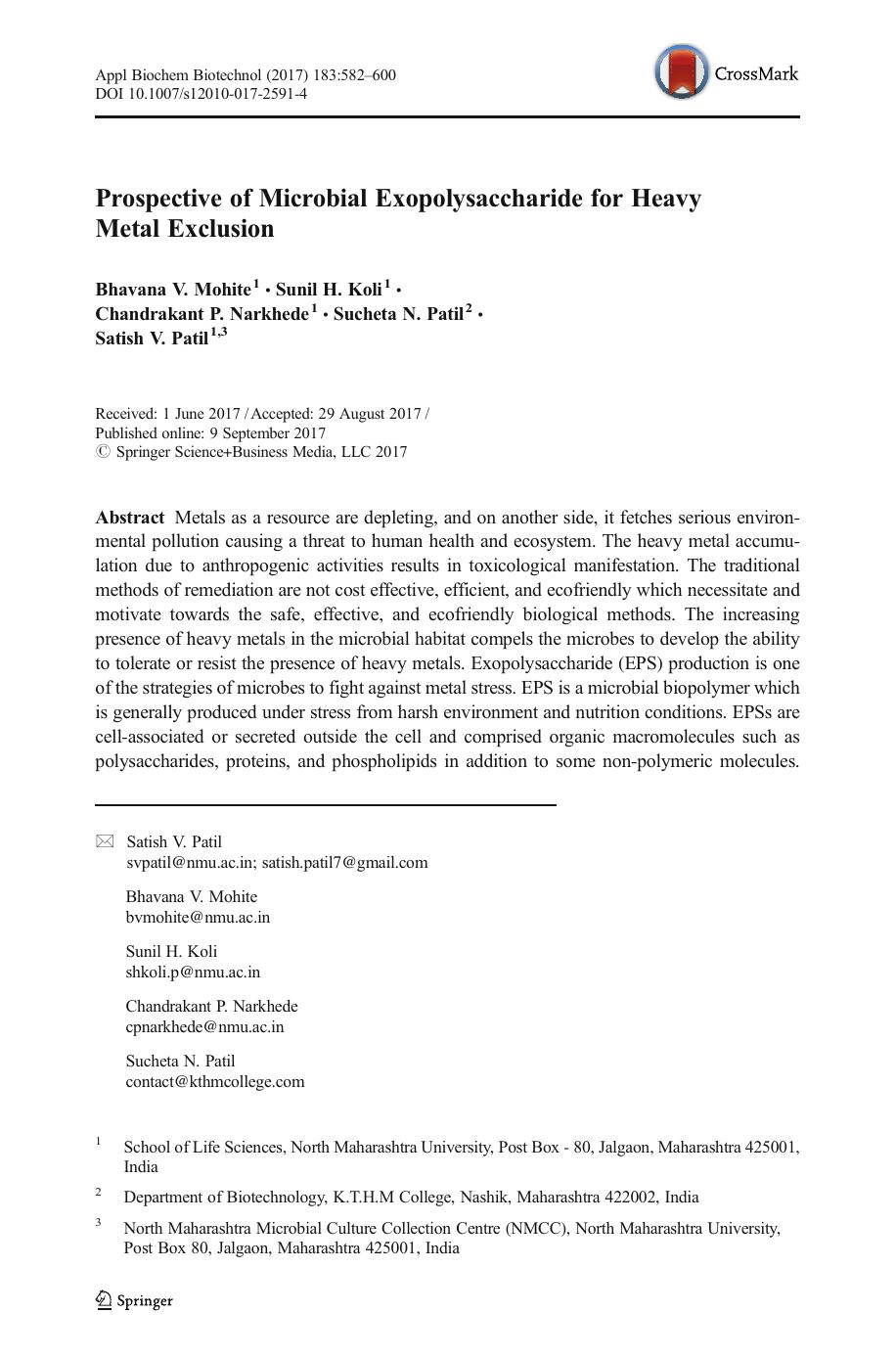 Prospective of Microbial Exopolysaccharide for Heavy Metal Exclusion by Bhavana V. Mohite & Sunil H. Koli & Chandrakant P. Narkhede & Sucheta N. Patil & Satish V. Patil