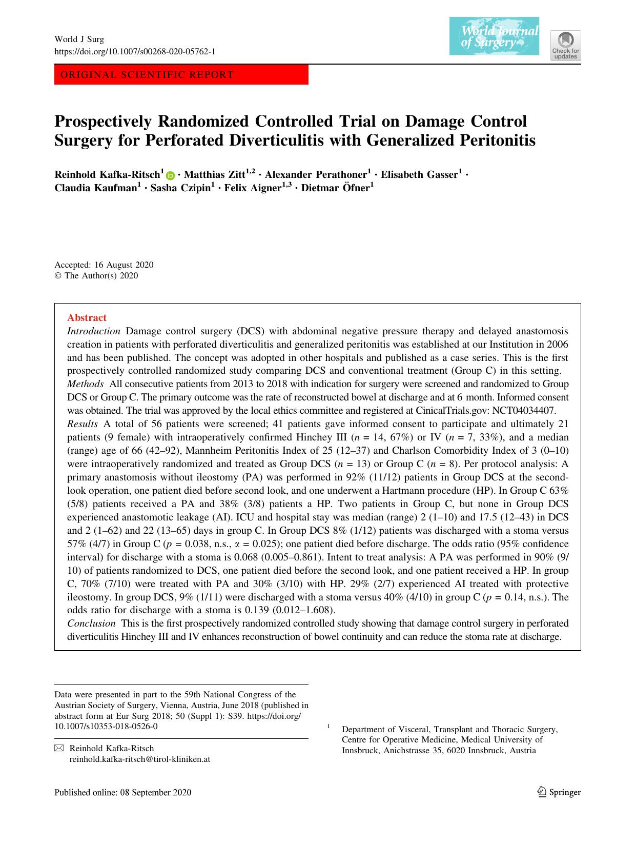 Prospectively Randomized Controlled Trial on Damage Control Surgery for Perforated Diverticulitis with Generalized Peritonitis by unknow