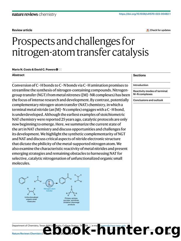 Prospects and challenges for nitrogen-atom transfer catalysis by Mario N. Cosio & David C. Powers