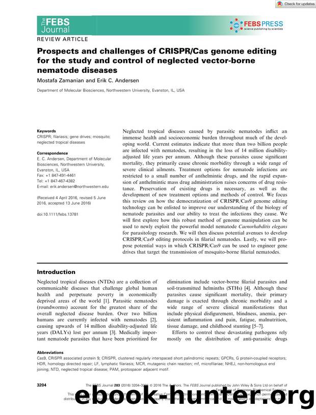 Prospects and challenges of CRISPRCas genome editing for the study and control of neglected vectorâborne nematode diseases by Unknown