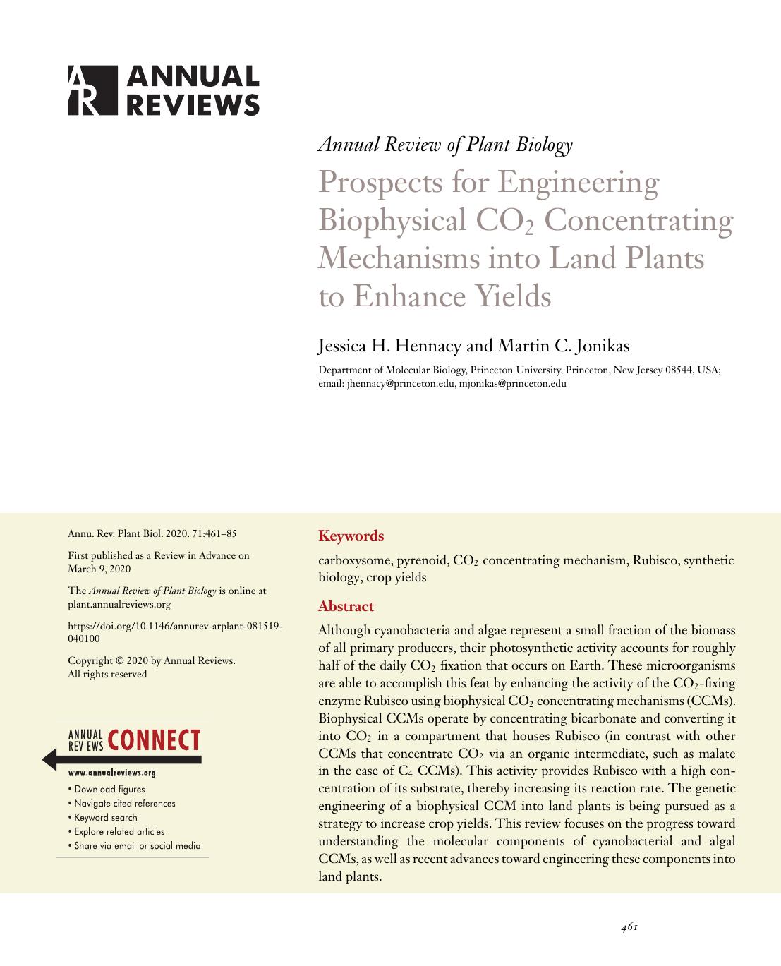 Prospects for Engineering Biophysical CO2 Concentrating Mechanisms into Land Plants to Enhance Yields by Jessica H. Hennacy and Martin C. Jonikas