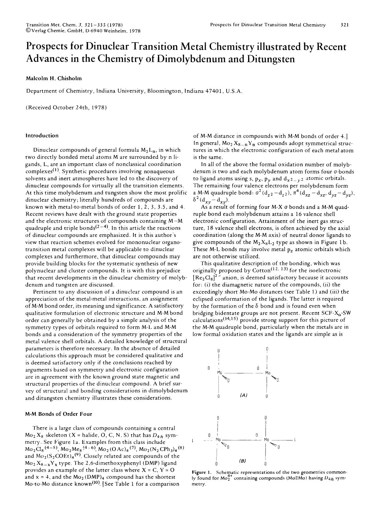 Prospects for dinuclear transition metal chemistry illustrated by recent advances in the chemistry of dimolybdenum and ditungsten by Unknown