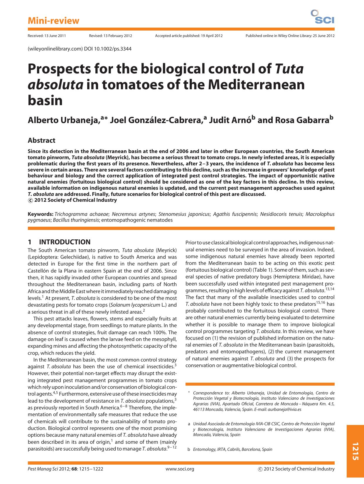 Prospects for the biological control of Tuta absoluta in tomatoes of the Mediterranean basin by Unknown