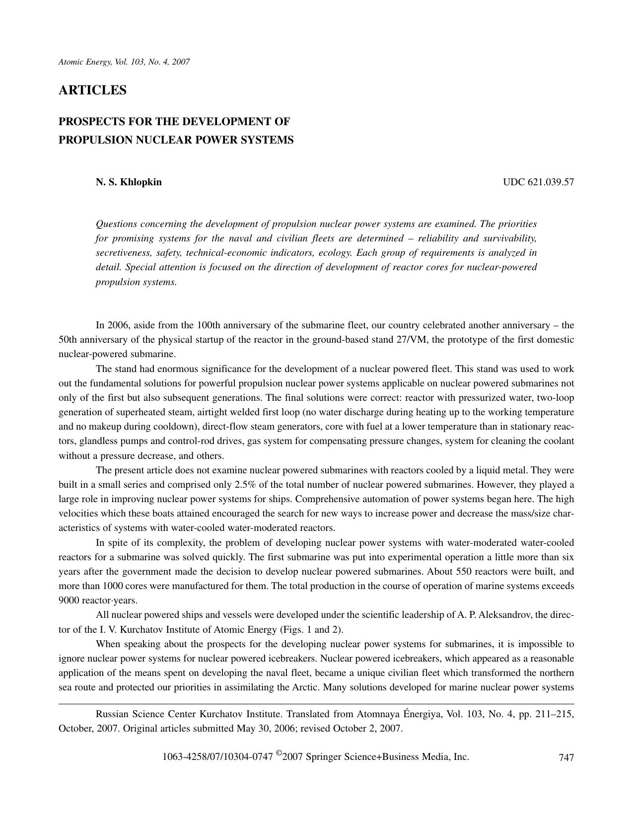 Prospects for the development of propulsion nuclear power systems by Unknown