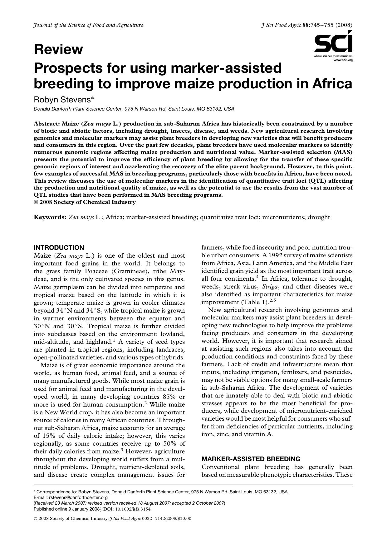Prospects for using marker-assisted breeding to improve maize production in Africa by Unknown