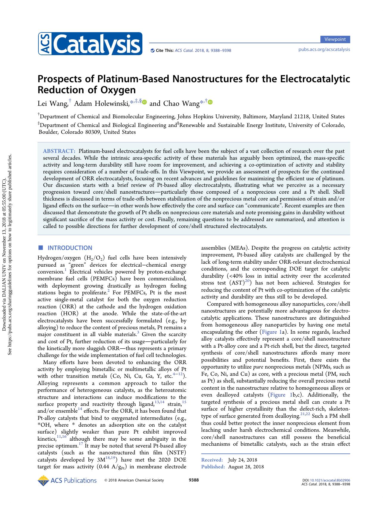 Prospects of Platinum-Based Nanostructures for the Electrocatalytic Reduction of Oxygen by Lei Wang & Adam Holewinski & Chao Wang