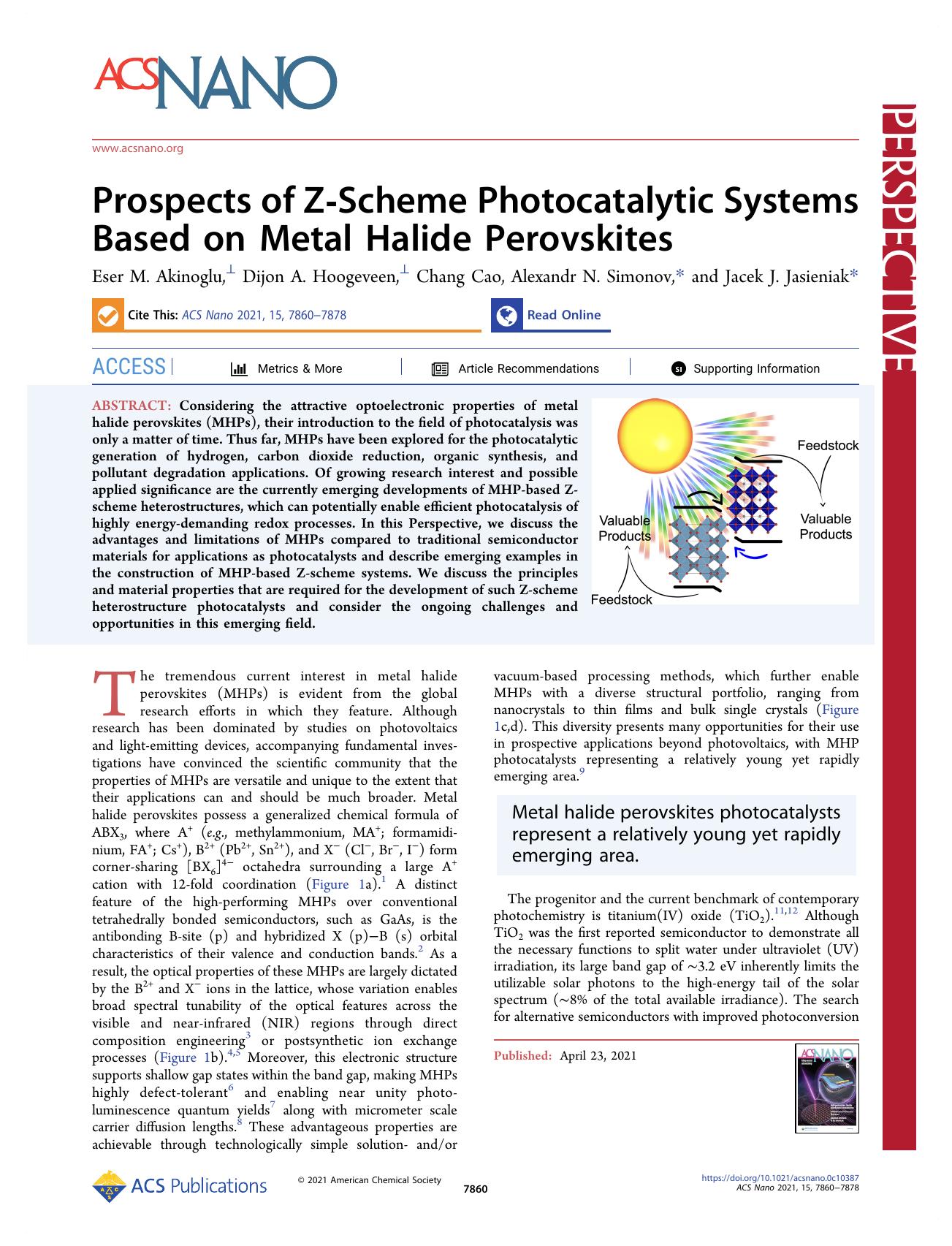 Prospects of Z-Scheme Photocatalytic Systems Based on Metal Halide Perovskites by Eser M. Akinoglu Dijon A. Hoogeveen Chang Cao Alexandr N. Simonov and Jacek J. Jasieniak
