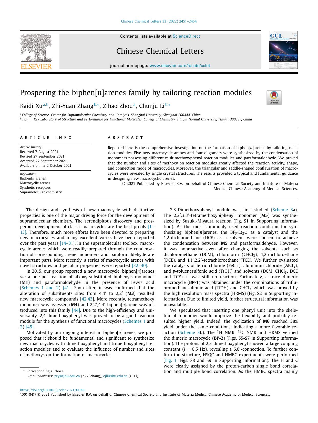 Prospering the biphen[n]arenes family by tailoring reaction modules by Kaidi Xu & Zhi-Yuan Zhang & Zihao Zhou & Chunju Li