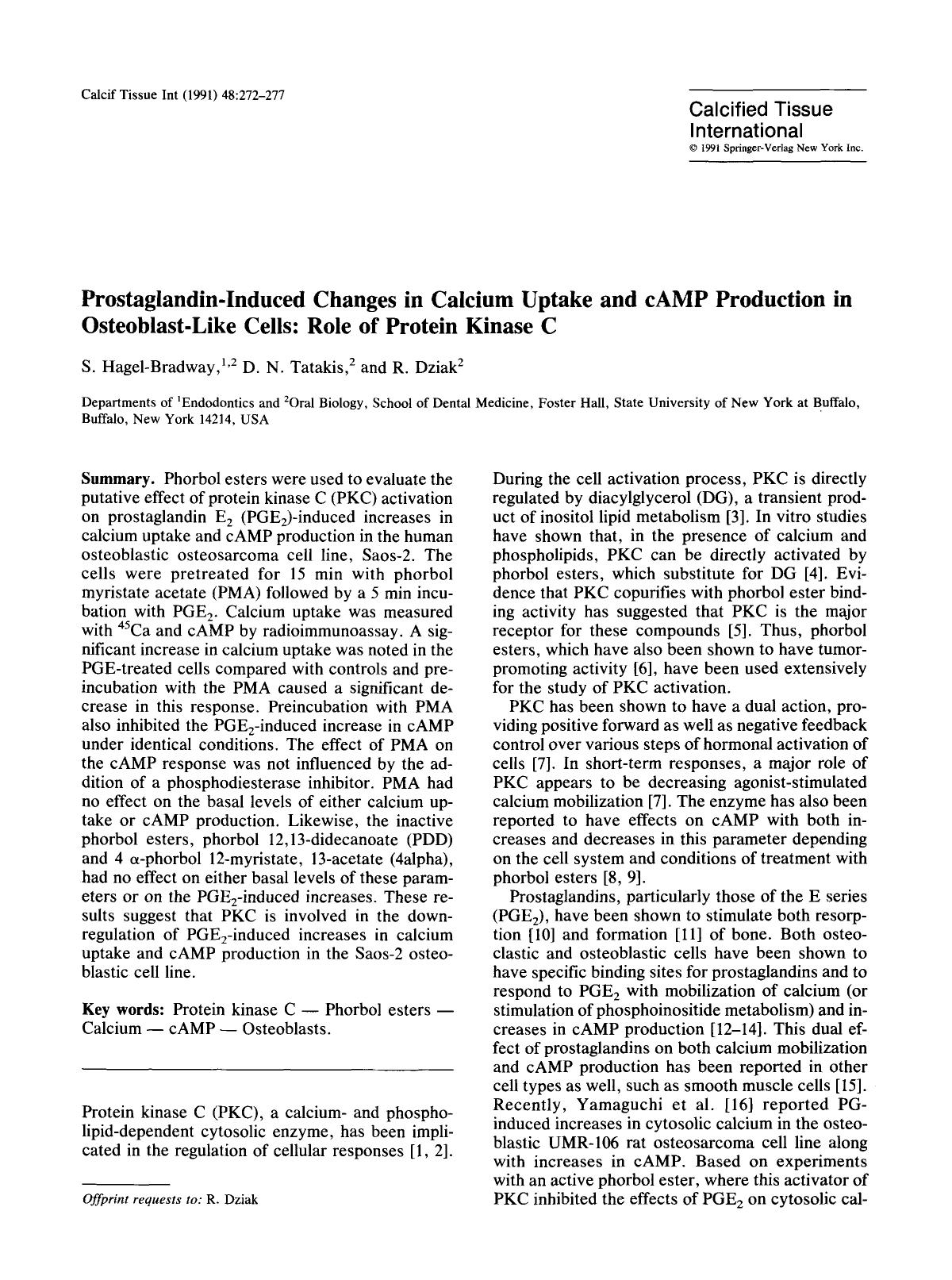 Prostaglandin-Induced changes in calcium uptake and cAMP production in osteoblast-like cells: Role of protein kinase C by Unknown