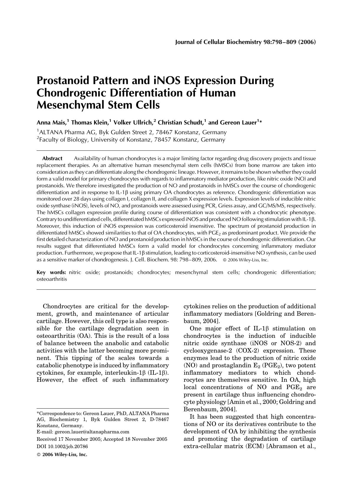 Prostanoid pattern and iNOS expression during chondrogenic differentiation of human mesenchymal stem cells by Unknown