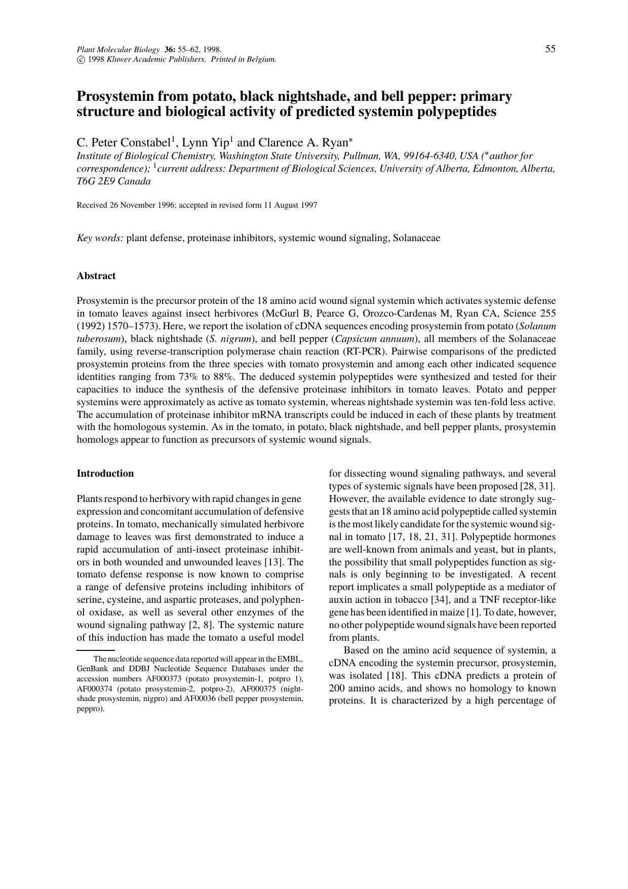 Prosystemin from potato, black nightshade, and bell pepper: primary structure and biological activity of predicted systemin polypeptides by Unknown